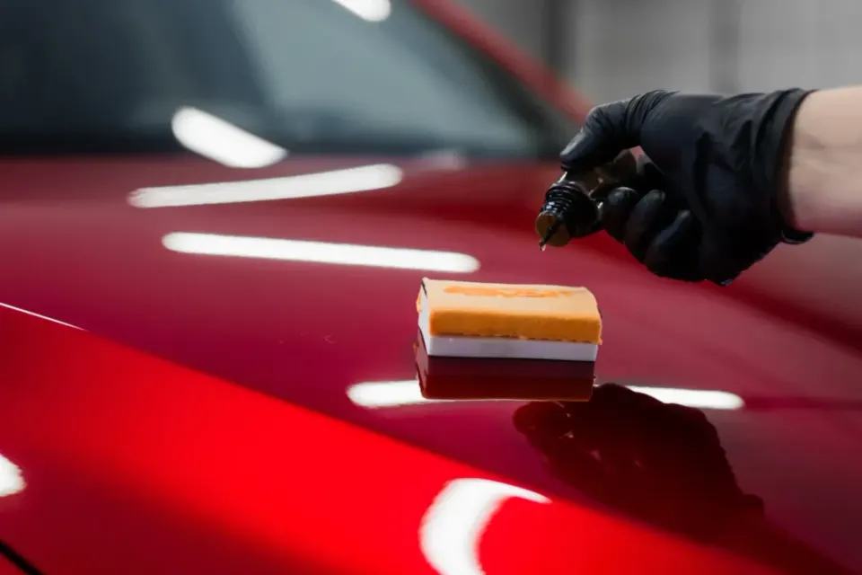 Applying ceramic coating to a red car bonnet